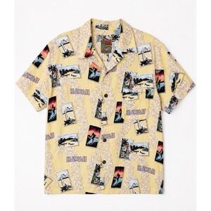 Vintage 90s Pineapple Connection  Hawaii Postcard Aloha Shirt Rayon Yellow Large